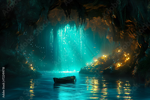 mystical underwater cave with bioluminescent plants and hidden treasures.