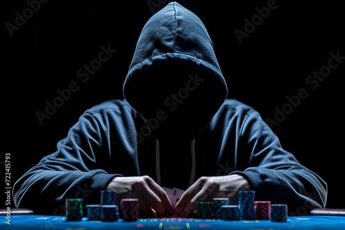 Nighttime poker tournament with professional player in hoodie and sunglasses at casino table
