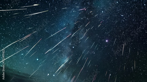 Meteor shower against the backdrop of a star-filled sky, capturing bright trails of shooting stars. Concept of astronomy, cosmos, space exploration, stargazing.