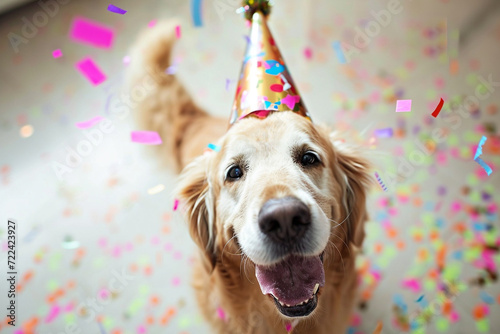 Funny dog wearing pary hat, birthday celebration card. Happy pets. Generative AI