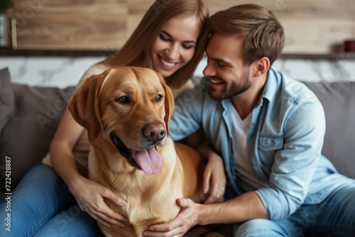 A smiling love couple cuddling their cute dog at home. Happy family. portrait of positive couple and pet dog sitting at home. Cheerful couple playing with dog on bed at home
