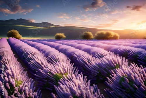 A 3D mural wallpaper showcasing a sunrise over a European lavender field, with pearl flowers glistening in the early light, creating a serene and vibrant scene. 8k