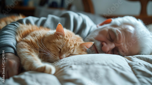 Peaceful Elderly Man and His Orange Cat Asleep Together on a Warm Bed