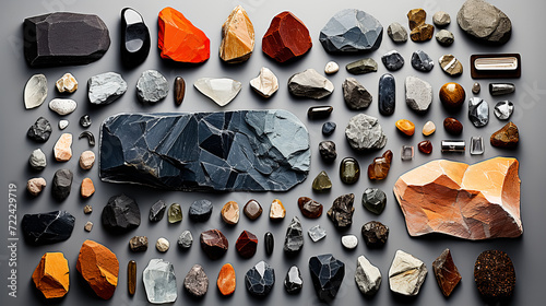 Collection of various gemstones and minerals neatly laid out on a gray background. Top view.