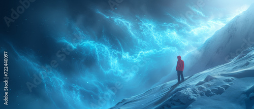 Man climbing a snowy mountain, conquers the summit and encounters a path of glowing particles. Conquering the summit even though the route is not always easy. Artistic and surreal illustration.