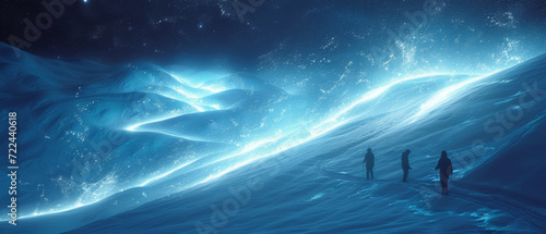 Man climbing a snowy mountain, conquers the summit and encounters a path of glowing particles. Conquering the summit even though the route is not always easy. Artistic and surreal illustration.