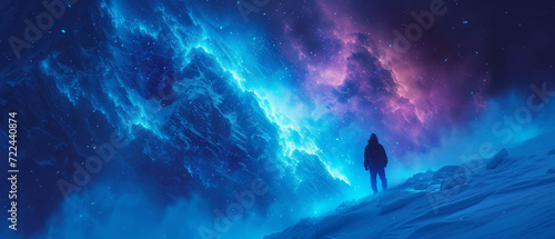 Man climbing a snowy mountain, conquers the summit and encounters a path of glowing particles. Conquering the summit even though the route is not always easy. Artistic and surreal illustration.