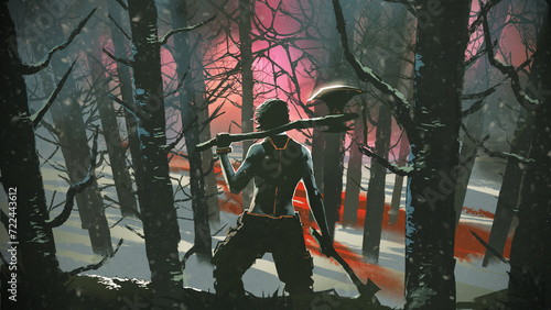 A man holding axes looking at the red light deep in the forest, digital art style, illustration painting