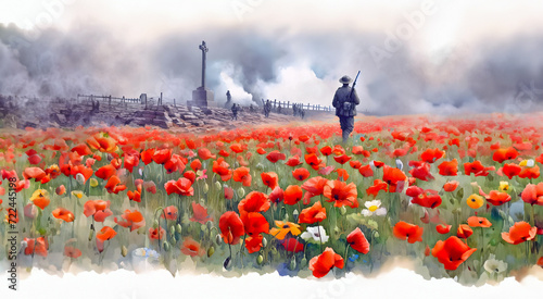 World War 1 (WW1) battlefield filled with red poppies and a soldier. Watercolour. ANZAC Day or Remembrance Day concept