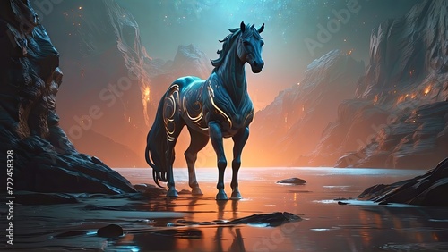 A mysteriously dark, extraterrestrial-inspired centaur stands poised in the midst of an ethereal landscape, its body shrouded in a cloak of shadows. The intricate details reveal a creature with sleek,