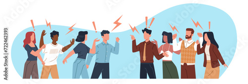 Two groups of people arguing and fighting. Angry men and women team confrontation. Aggressive male and female characters shouting, Cartoon flat style isolated vector conflict concept