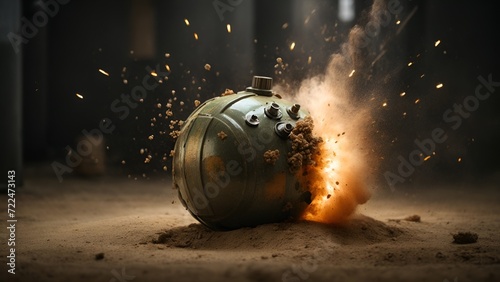 Transport yourself into the heart of an extraordinary moment captured in this intense image, showcasing the detonation of an unconventional grenade. The scene unfolds with a burst of vibrant and dynam