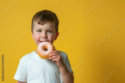 Cute little boy with donut on yellow background, closeup. Child with obesity. Overweight and obesity concept. Obesity Concept with Copy Space.
