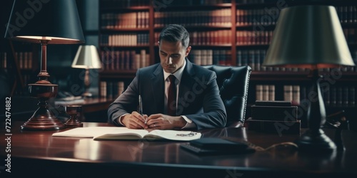 A professional man dressed in a suit sitting at a desk and engrossed in reading a book. Suitable for business, education, or office-related themes