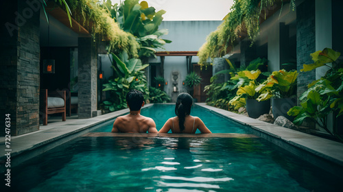 Couple in swimming pool luxury spa hotel, honeymoon for the newlyweds , generated AI