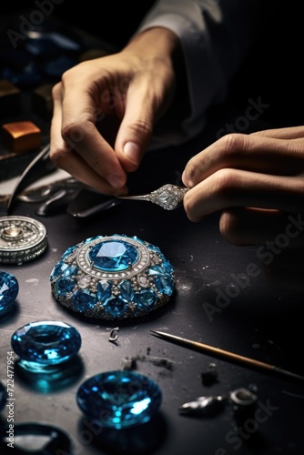 A man is working on a necklace, using his skills and tools. This image can be used to showcase craftsmanship and jewelry making