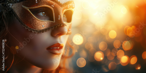 a woman with a carnival mask with yellow lights in the background. concept start of carnival.