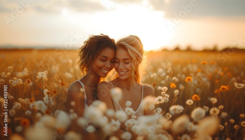 Zwei glückliche Frauen umarmen sich, dabei stehen sie in einem Feld mit Blumen (KI-/AI-generiert)