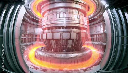 Nuclear fusion reactor generating clean infinite energy. Tokamak interior with magnetic field containing plasma from sustainable thermonuclear reaction.