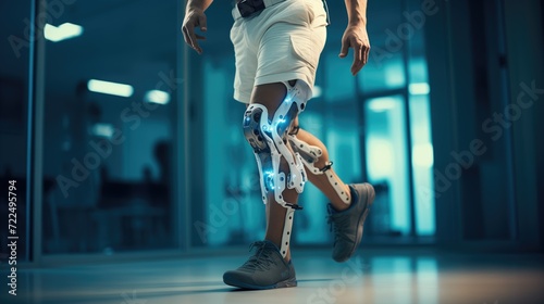Person using a robotic prosthetic leg for physical therapy. Robotics for healthcare and rehabilitation.