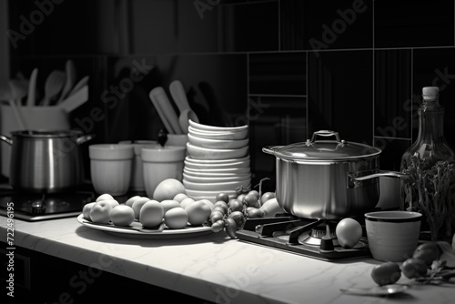 A black and white photo of a kitchen counter. Perfect for showcasing minimalistic kitchen designs or adding a vintage touch to interior design projects