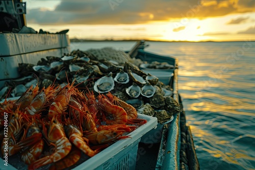 Shrimp,oysters,crabs on a boat at sea