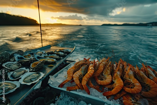 Shrimp,oysters,crabs on a boat at sea