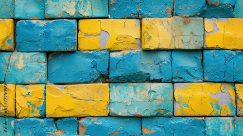  a close up of a wall made of blue and yellow bricks with yellow paint peeling off the sides of the bricks.