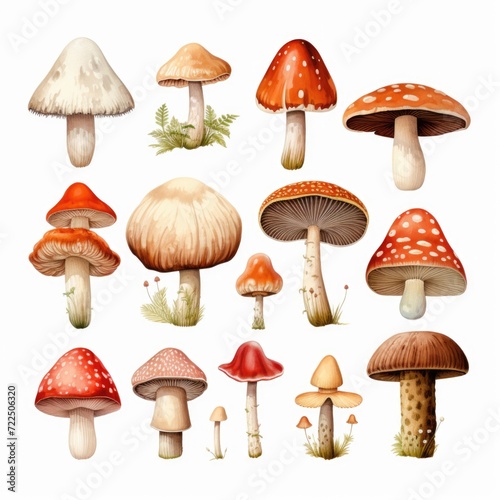 Watercolor-Style different types of mushrooms with White Background