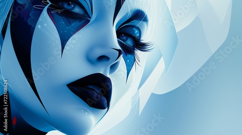 A high contrast close-up portrait of a model wearing heavy white and blue make-up.