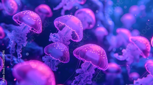  a group of purple jellyfish floating in a blue and pink water filled with bubbles and small white bubbles on top of them.