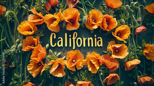 California flat lay with state flower poppies
