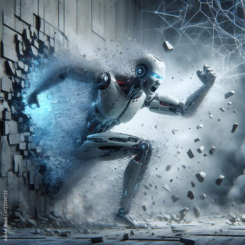 AI escape. Concept of AI technology braking the wall and running away.