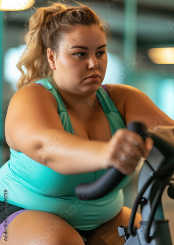beautiful overweight woman in sportswear on an exercise bike in a fitness club, losing weight, active lifestyle, sport, fat girl, people, portrait, gym