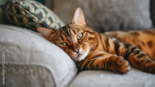 A beautiful Bengal Cat indoors lounging on a sofa with copy space