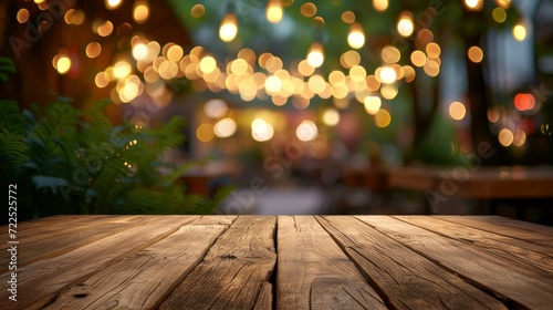 A rustic wooden table glows warmly in the outdoor night, surrounded by the soft twinkle of lights and the towering presence of a tree, creating a peaceful and enchanting atmosphere