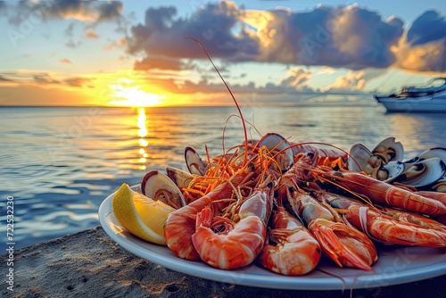 a plate with seafood ,shrimps, squid, oysters, lobsters on it near the ocean