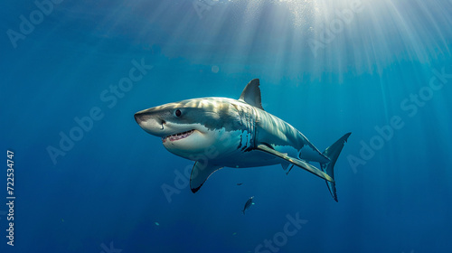 Great white shark with its main four fings swimming under sun rays in the blue sea. Generative Ai