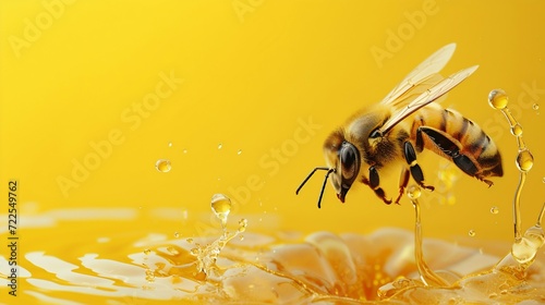 Honeybee on Golden Honey with Droplets. Generative ai