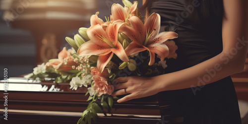 Woman with lily flowers and coffin at funeral