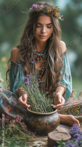 A spiritual medicine woman preparing medicinal herbs in a bowl, under the morning sun; sacred ritual remedy for healing of soul and body. natural medicines of a shaman healer, for holistic healing