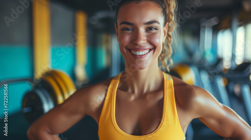 A joyful young female athlete poses for the camera, displaying confidence and determination, amidst gym equipment in the background. 