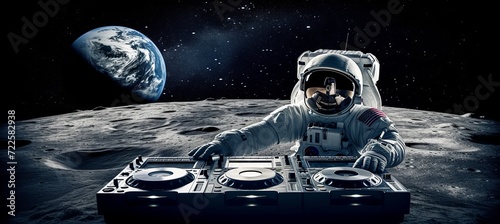 Epic alien planet party with astronaut dj and state of the art console on the moon s surface