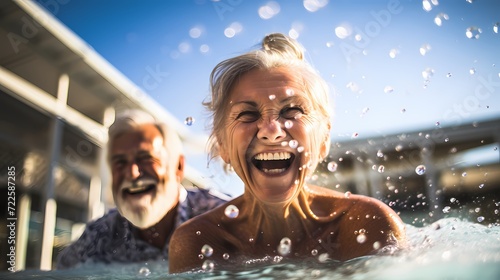 Joyful senior swimmers enjoying a refreshing dip in a sparkling pool, embracing the health benefits of aquatic exercise