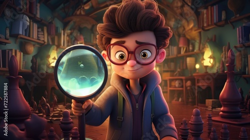 A 3D cartoon kid sleuthing with an absurdly large magnifying glass to solve mysteries.