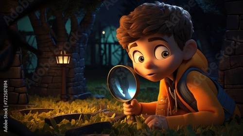 A 3D cartoon kid sleuthing with an absurdly large magnifying glass to solve mysteries. 