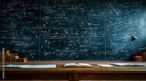 Crowded Blackboard Covered in Text and Equations