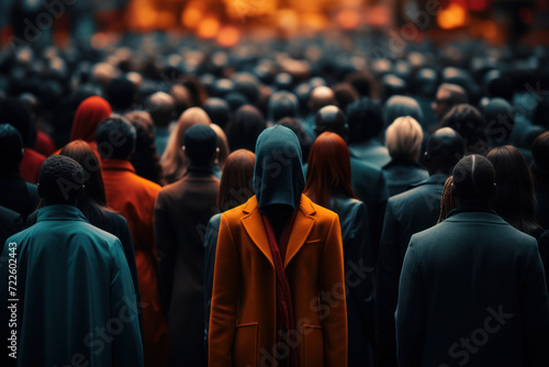 Bold graphic elements come together to depict a faceless crowd, emphasizing the visual impact and unity found within a diverse community. Generative Ai.