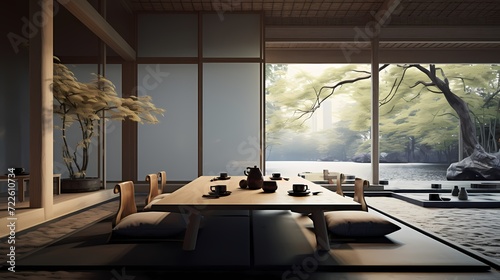 Modern teahouse with minimalist Japanese decor, tatami mat seating, and a serene atmosphere