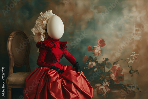 Surreal portrait of a faceless woman in red with flowers, creative arts concept. Perfect for artistic blogs, web design.